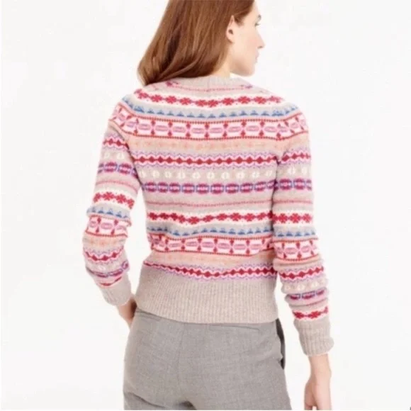 J Crew Womens Holly Fair Isle Wool Sweater Crewneck Grey Red White Sz S Sweaters